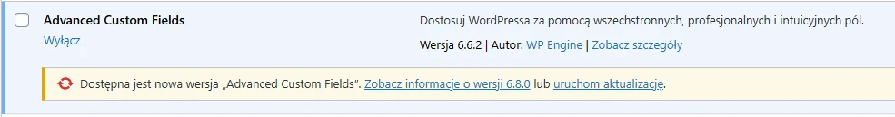 widok na panel wordpress admin - wtyczka wymaga aktualizacji