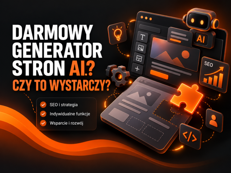 Darmowy generator stron AI – czy to wystarczy? Grafika przedstawiająca kreator stron AI, SEO, indywidualne funkcje oraz wsparcie i rozwój.